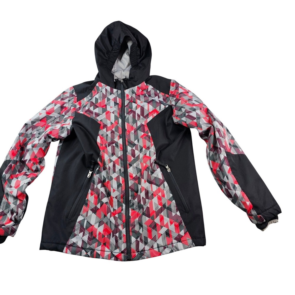 Lands End Hooded Jacket Boys Large 14-16 Black Red Geometric Prism Windbreaker